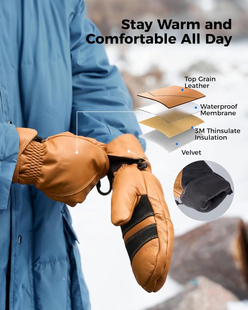 toolant Leather Ski Mittens, Winter Gifts for Men & Women, 3M Thinsulate, Waterproof & Durable for Snowboarding, Outdoors - Image 4